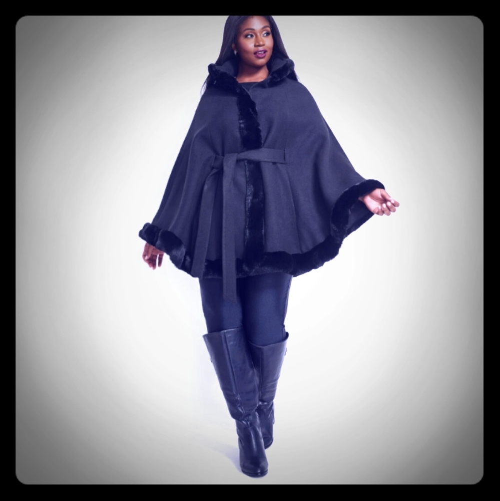 Faux fur trim belted cape